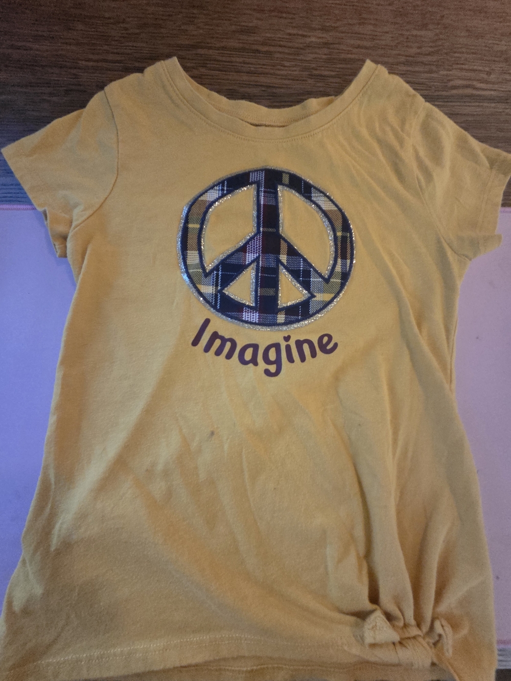 Garanimals Yellow Tee with Plaid Sequin Peace Graphic